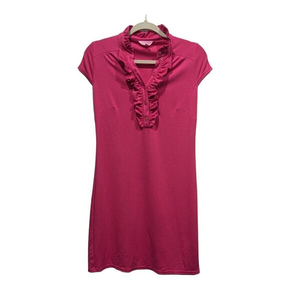 Lilly Pulitzer Pink Ruffle Neck Cap Sleeve Popover Shirt Dress, S - Picture 2 of 11